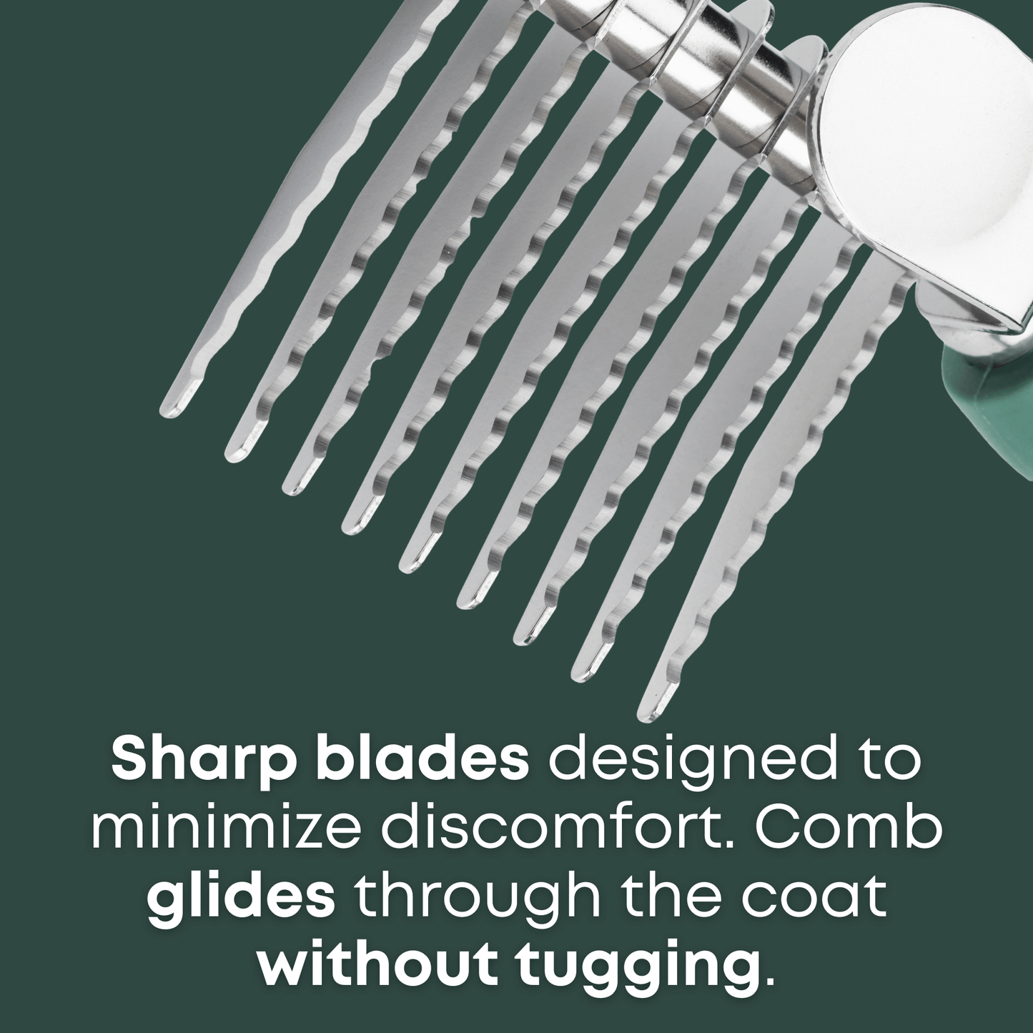 close-up of rounded blades on dog dematting comb for safe grooming