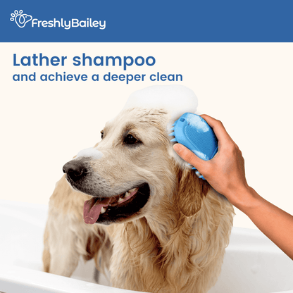lather shampoo and achieve a deeper clean - dog being bathed