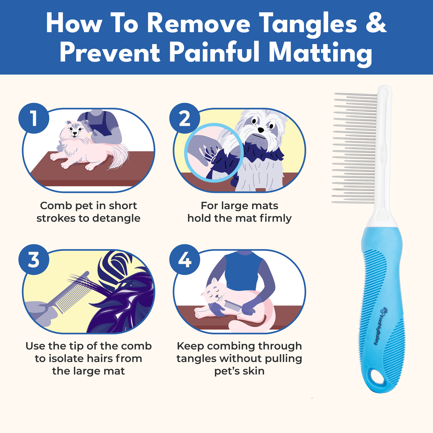 Detangling Pet Comb - Freshly Bailey - how to remove tangles instructions