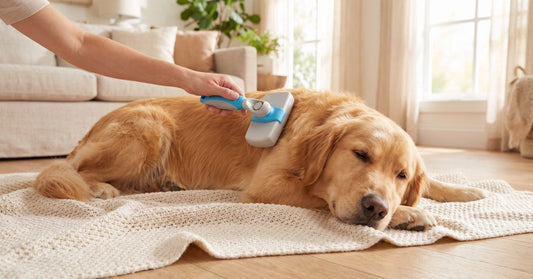 A calm golden retriever being brushed with the Freshly Bailey Self Cleaning Slicker Brush