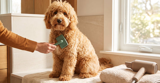 A fluffy goldendoodle on a towel after a bath being brushed with the Freshly Bailey Slicker Brush for Goldendoodles