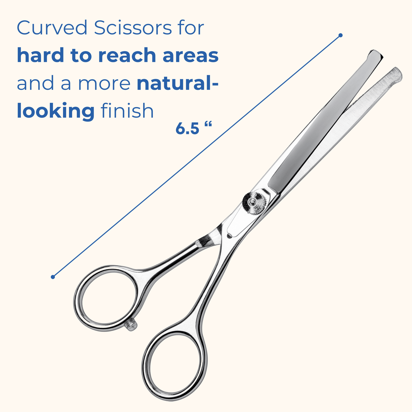 Curved scissors with length at 6.5 inches and text that says Curved scissors for hard to reach areas 