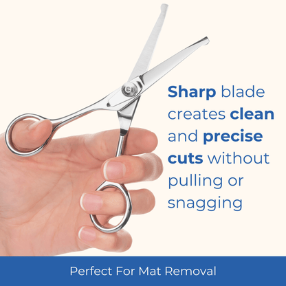 hand holding scissors with text that says Sharp blade creates clean and precise cuts without pulling or snagging