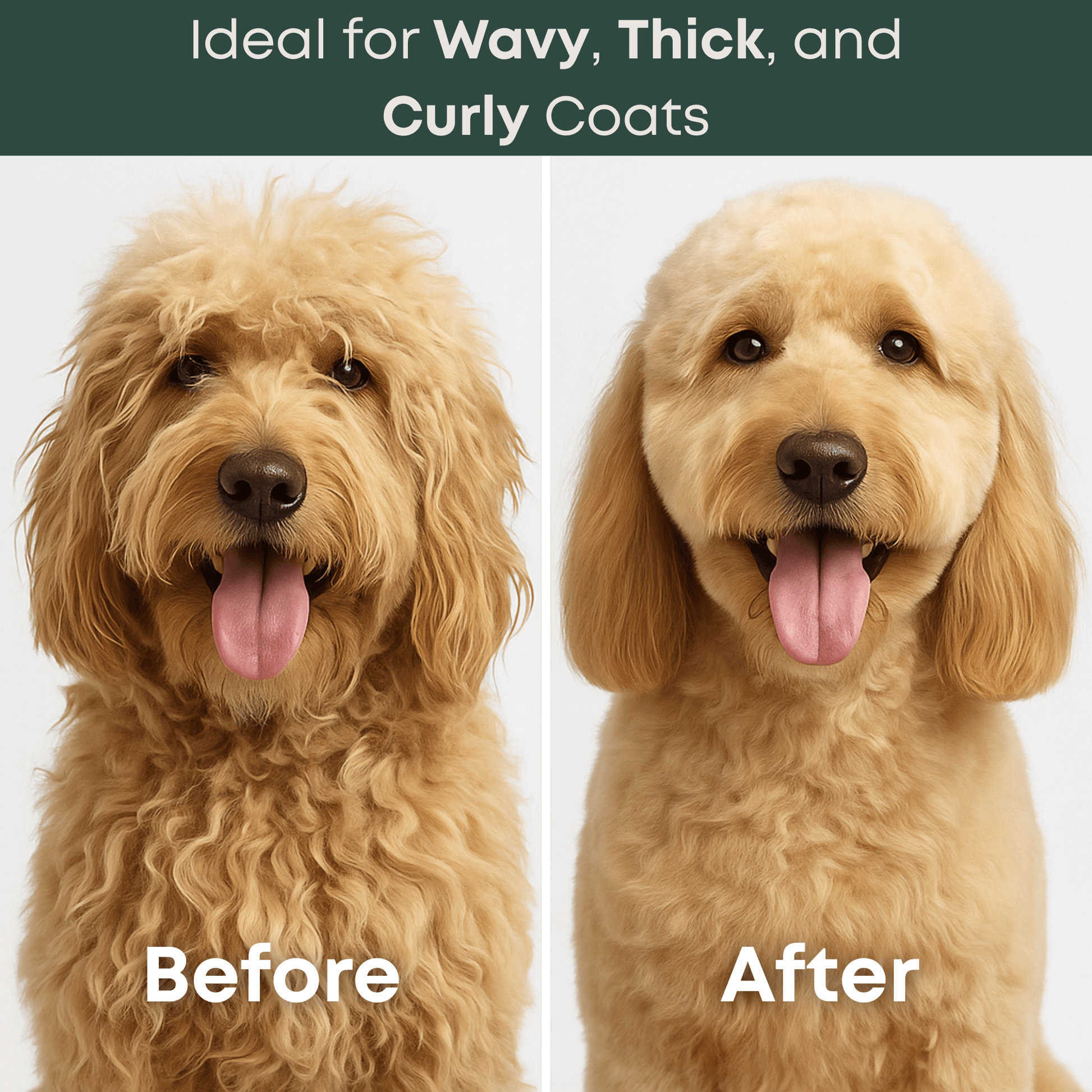 before and after dog grooming using Freshly Bailey dematting tool