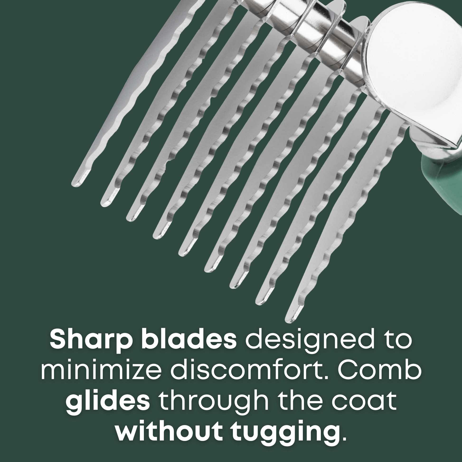 close-up of rounded blades on dog dematting comb for safe grooming