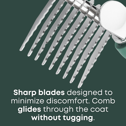 close-up of rounded blades on dog dematting comb for safe grooming